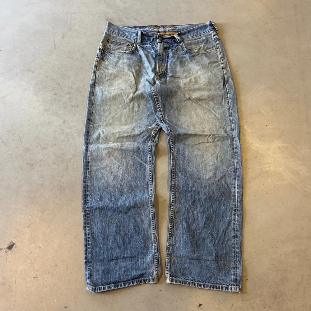 Indigo Palms Classic Mens Blue Distressed Straight Leg Denim Jeans 36x31